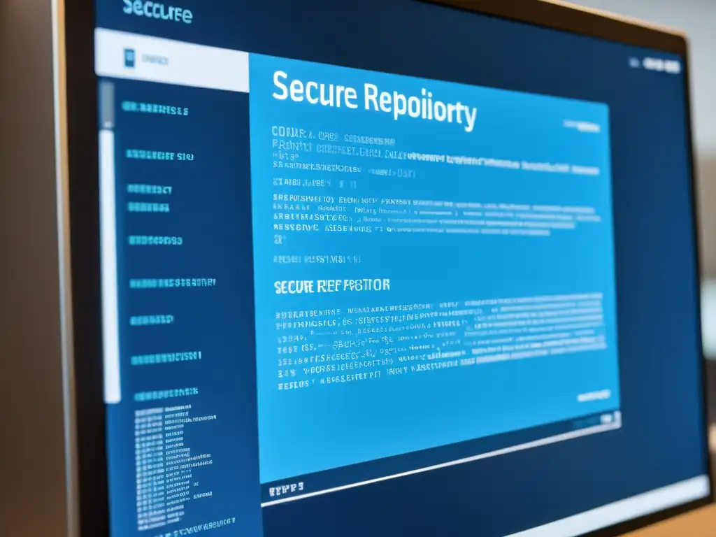 Monitor de computadora moderno muestra repositorio de código abierto seguro con líneas de código y protocolos de seguridad