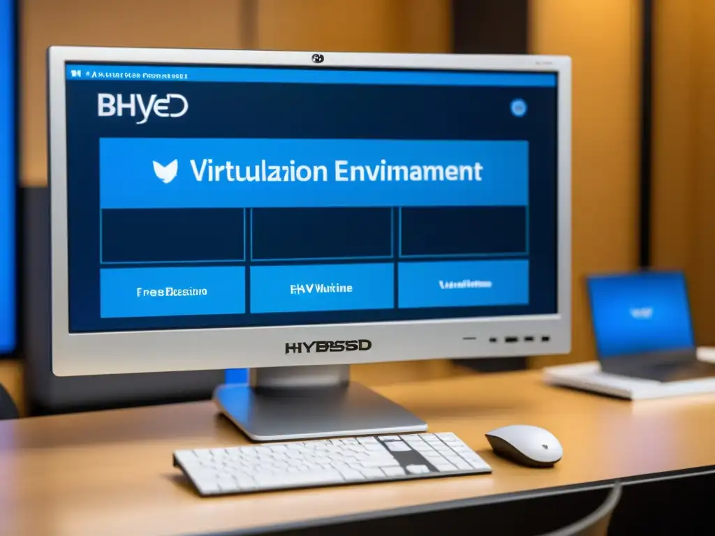 Monitor de computadora muestra la virtualización en BSD con bhyve, con múltiples máquinas virtuales y configuraciones de red visibles