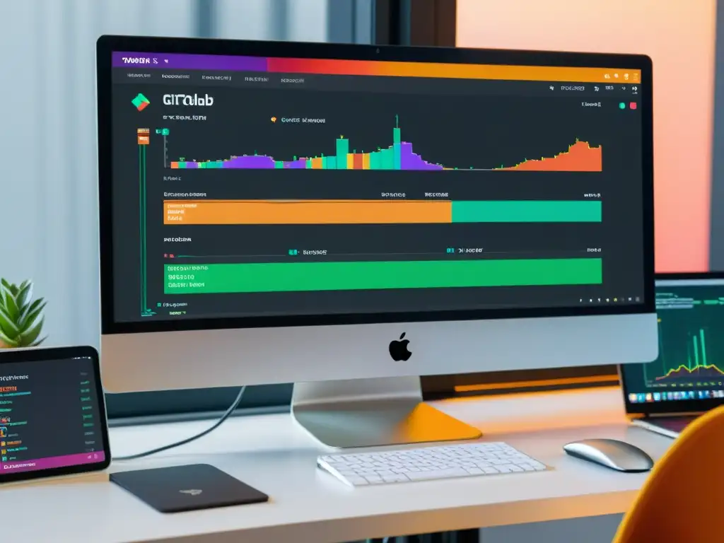 Monitor de computadora mostrando pipeline GitLab CI/CD con pruebas automatizadas, código y visualizaciones coloridas