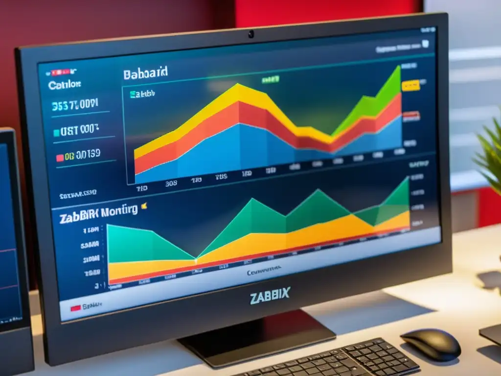 Un monitor de computadora muestra el tablero de Zabbix con gráficos de monitoreo de sistemas