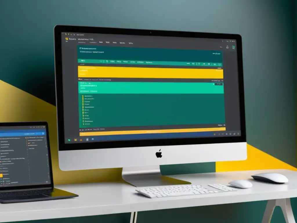 Un monitor de computadora muestra PyCharm con un tema personalizado, resaltando colores vibrantes y un diseño limpio