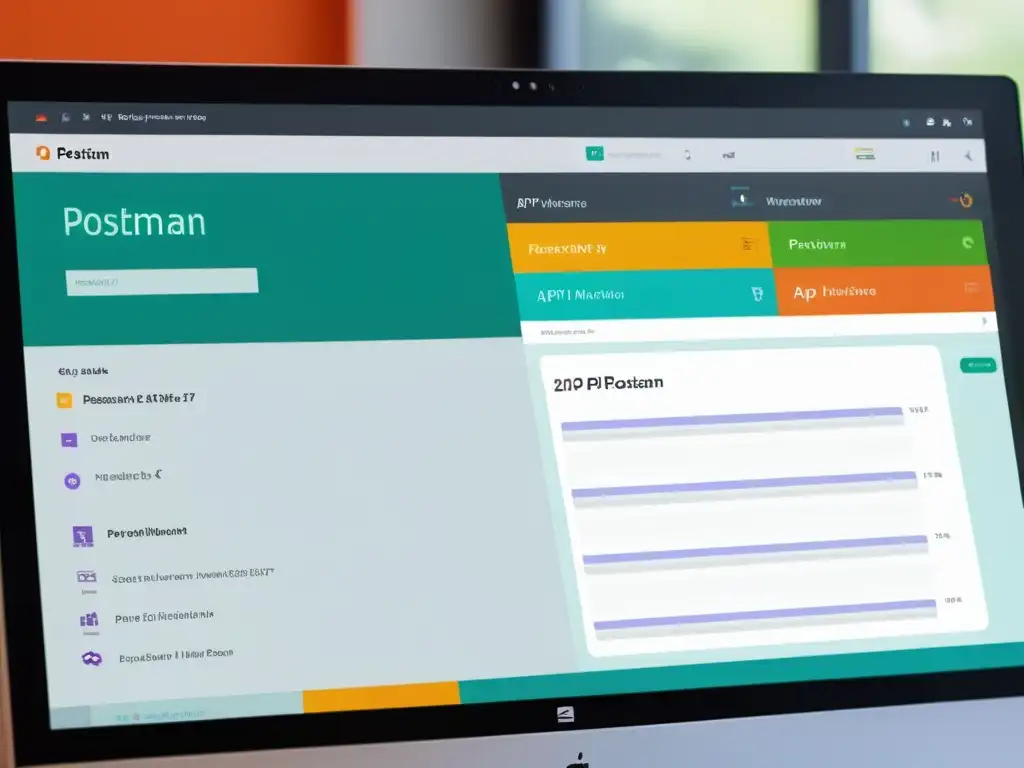 Monitor de computadora muestra interfaz Postman con Testing de APIs en proyectos de código abierto, reflejando modernidad y eficiencia