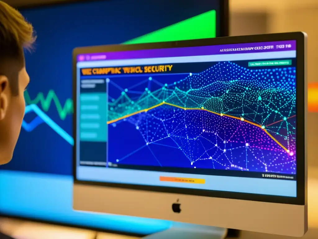 Monitor de computadora muestra visualización dinámica de tráfico web y alertas de seguridad