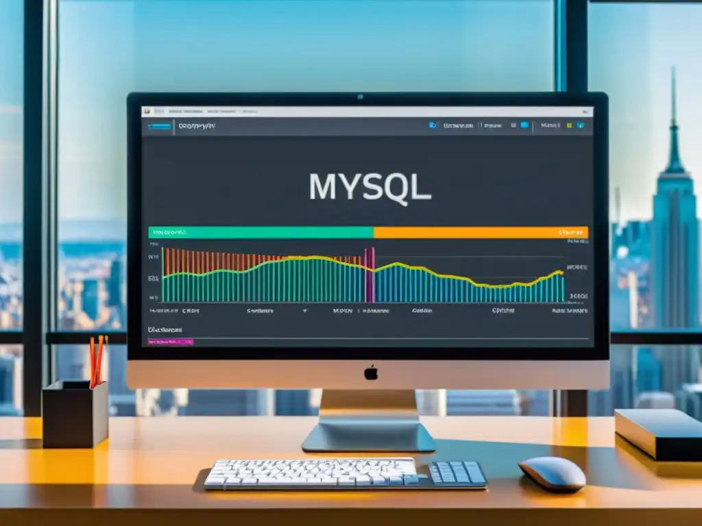 Monitor muestra consulta compleja de MySQL con nodos y líneas coloridas, rodeado de oficina moderna