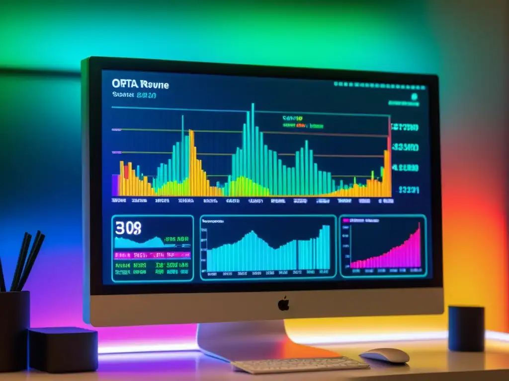 Monitor futurista muestra datos financieros de software de código abierto en gráficos vibrantes y dinámicos