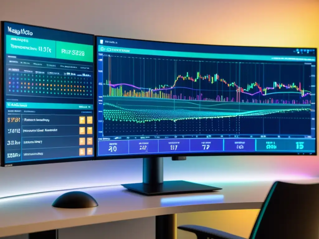 Vibrante visualización de datos de Nagios en monitor futurista Un monitor futurista muestra visualizaciones dinámicas y datos en tiempo real, en un espacio minimalista con tecnología de vanguardia