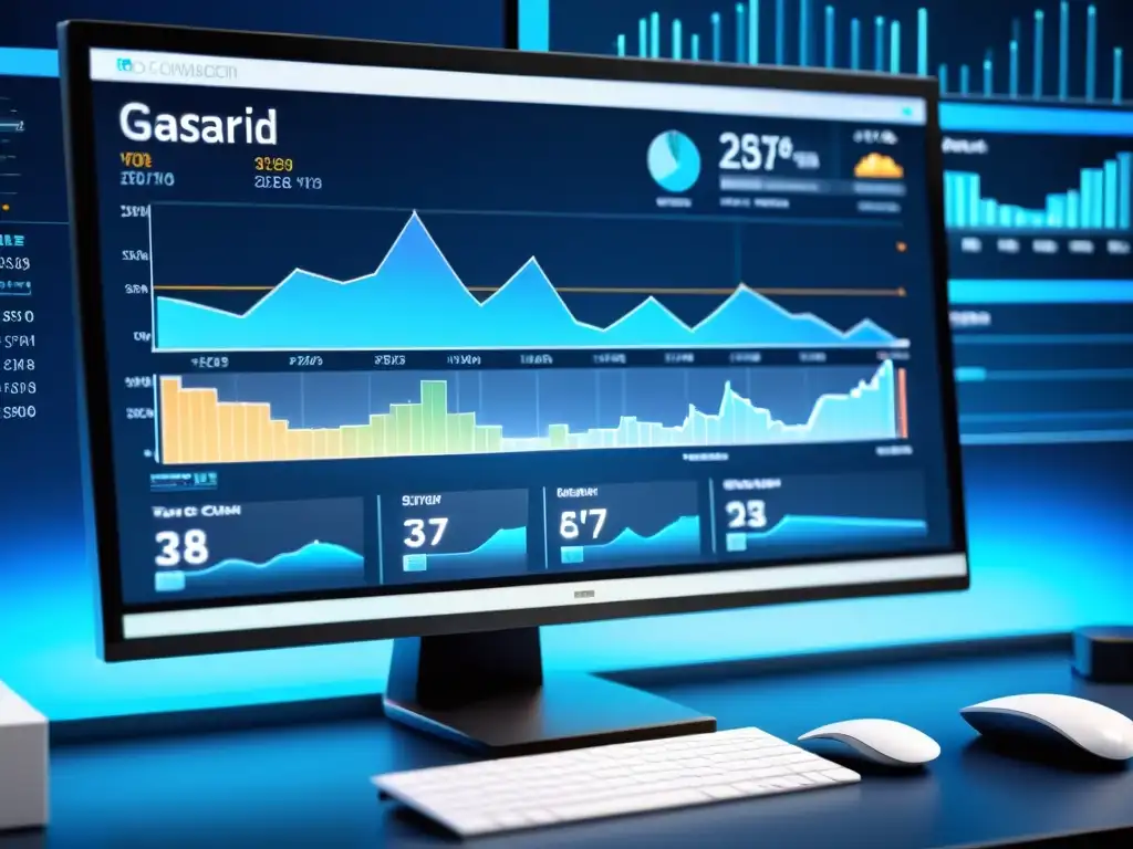 Monitor moderno con análisis de datos para ecommerce en pantalla, ambiente futurista y gráficos detallados