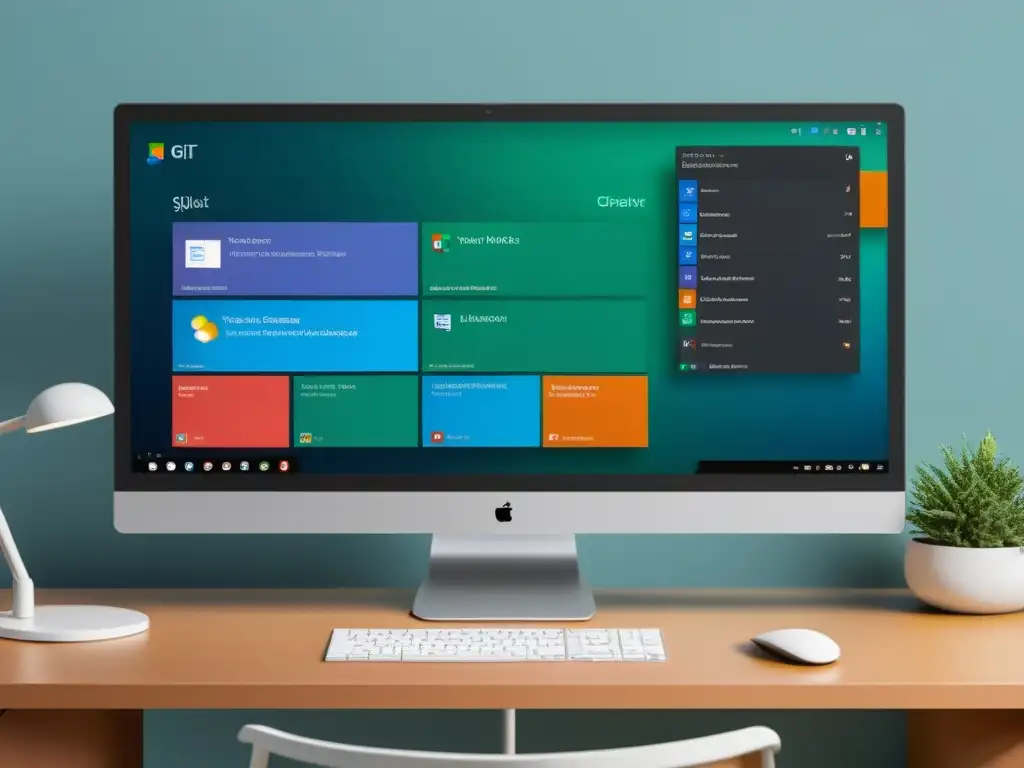 Un monitor moderno muestra tres clientes Git para Windows, Linux y macOS, en un ambiente minimalista y sofisticado