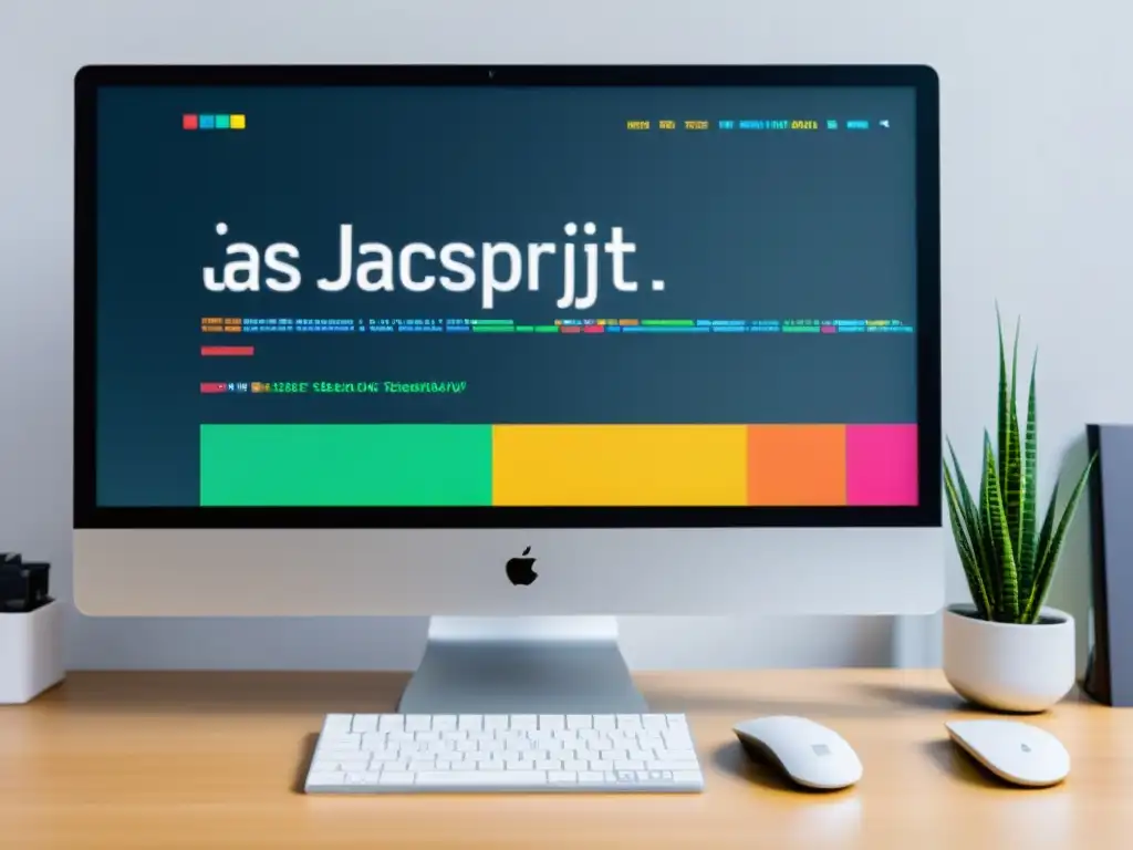 Monitor moderno con código JavaScript vibrante en un escritorio minimalista