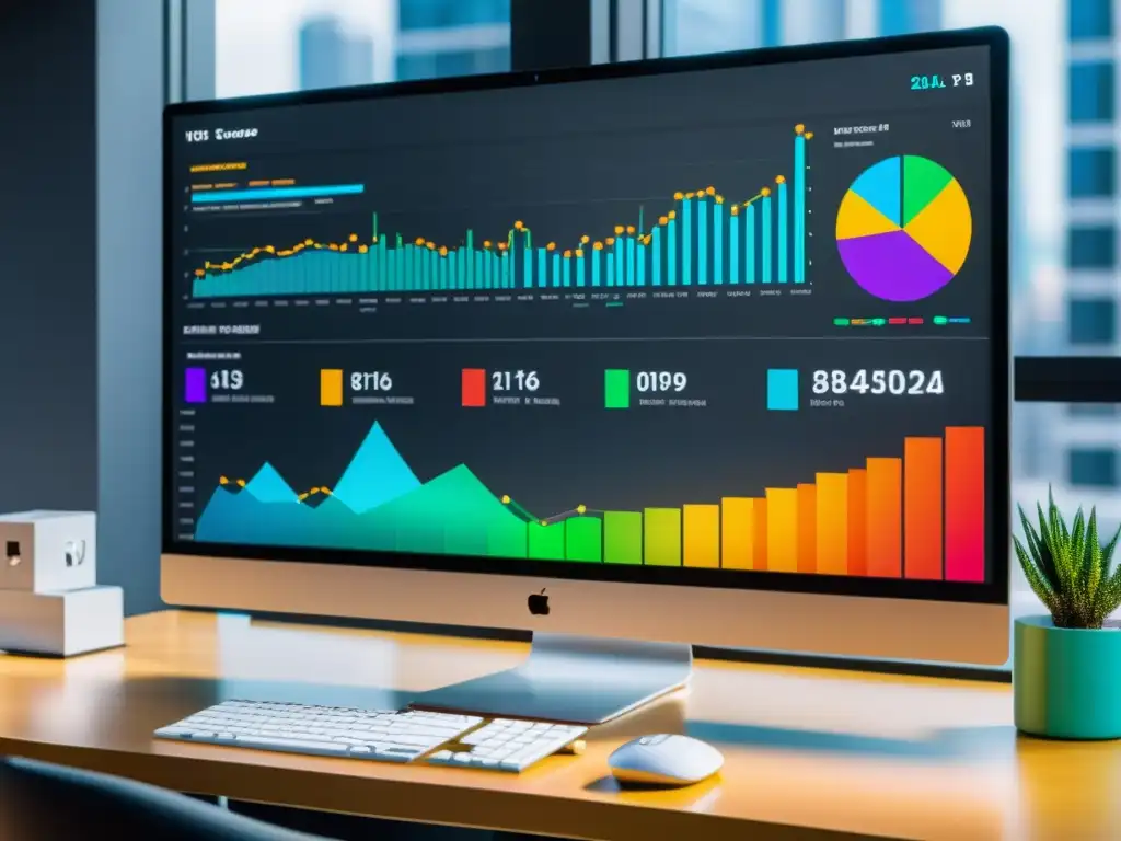 Monitor moderno mostrando datos coloridos, rodeado de un espacio minimalista con herramientas de código abierto para palabras clave