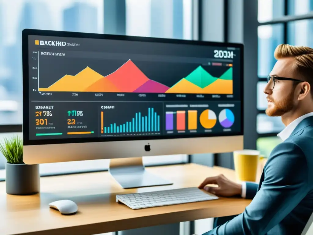 Un monitor moderno muestra datos y gráficos de análisis, en un ambiente profesional y minimalista