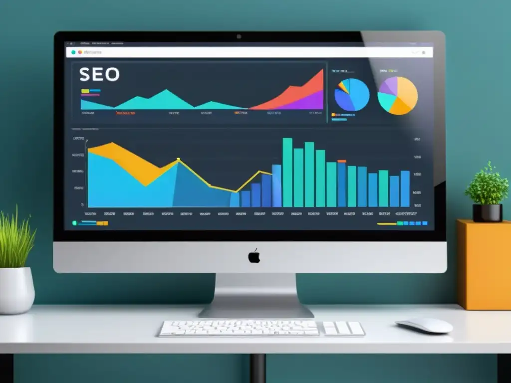 Monitor moderno con dashboard SEO dinámico y gráficos coloridos