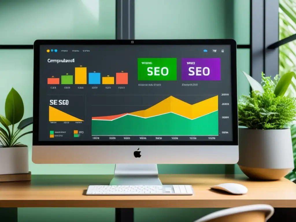 Un monitor moderno muestra un dinámico panel de SEO con gráficos coloridos y estadísticas en tiempo real