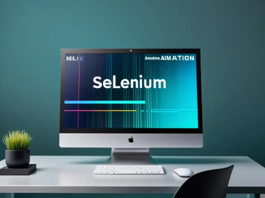 Monitor moderno mostrando ejecución de pruebas de automatización con Selenium en código vibrante y visual dinámico