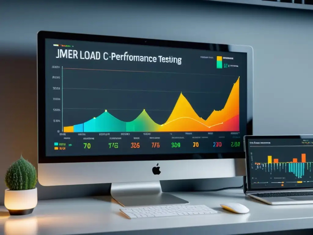 Monitor moderno muestra gráficos y análisis de datos de Pruebas de carga con JMeter en un espacio minimalista y luminoso