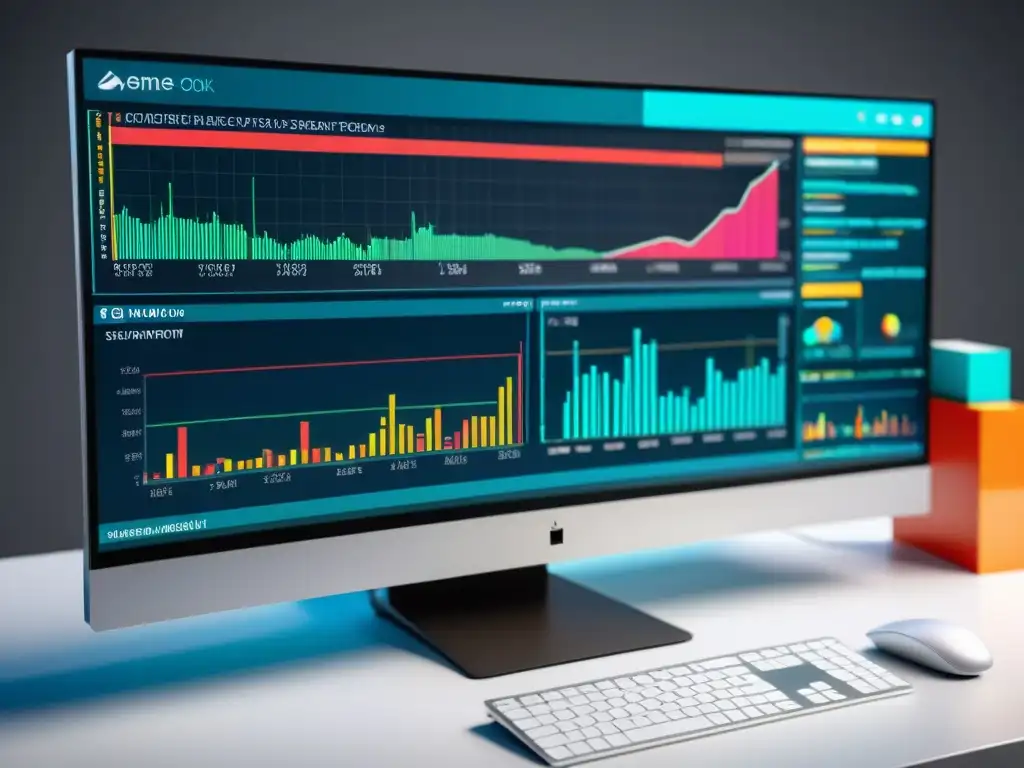 Monitor moderno mostrando gráficos de análisis de código con herramientas Open Source análisis estático, reflejando alta tecnología y profesionalismo