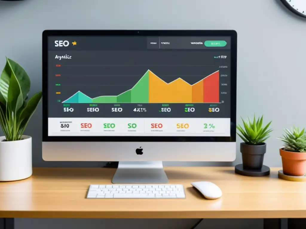 Monitor moderno muestra dashboard SEO con gráficos coloridos