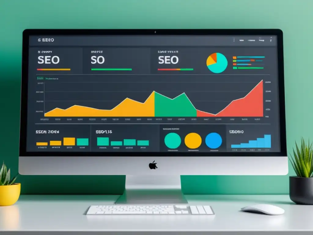 Monitor moderno mostrando herramientas open source para SEO en un entorno profesional y educativo con gráficos coloridos y métricas