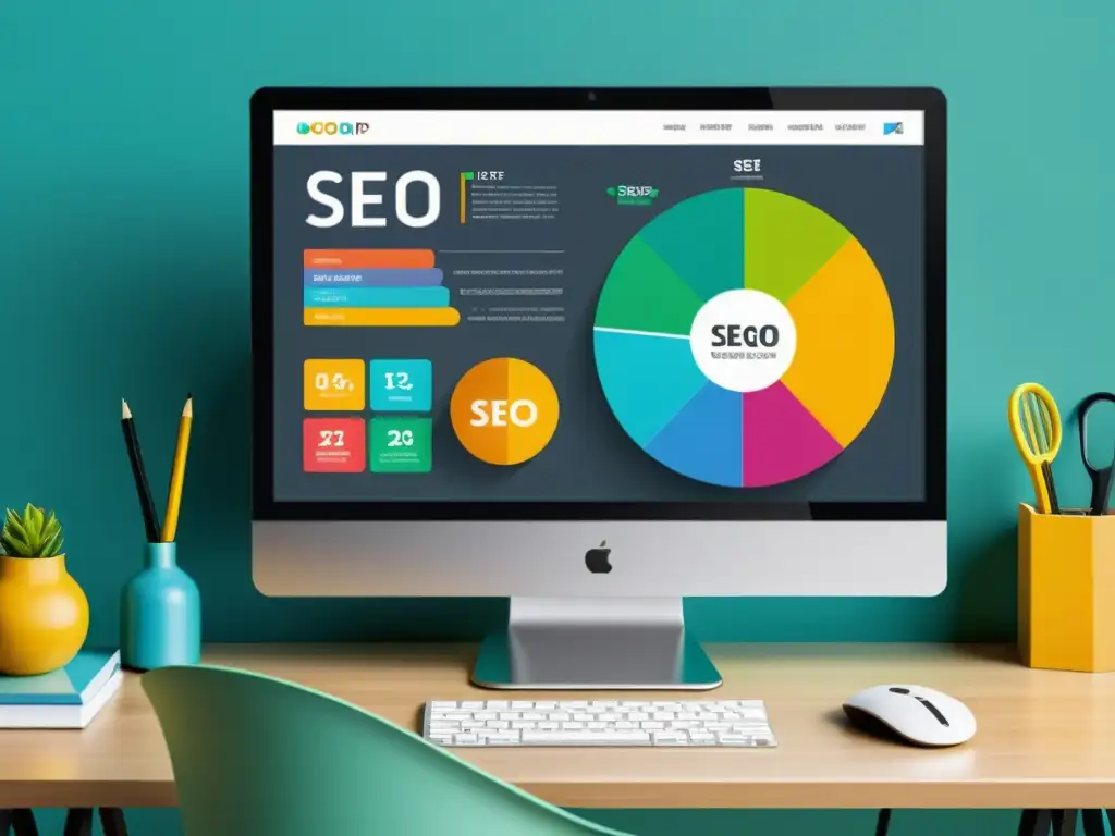 Un monitor moderno muestra una infografía detallada sobre optimización de imágenes para SEO open source en un entorno minimalista y elegante