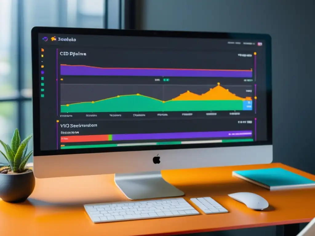 Monitor moderno muestra pipeline CI/CD con pruebas automatizadas en GitLab