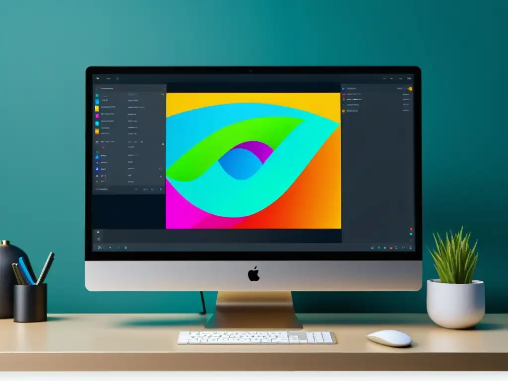 Un monitor moderno muestra el software de diseño vectorial multiplataforma con gráficos vibrantes y profesionales siendo editados