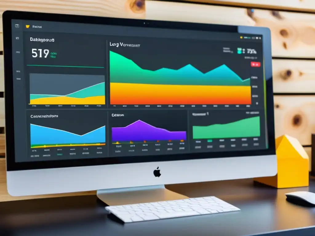 Monitor moderno muestra vibrante panel de gestión de logs en DevOps, con gráficas y datos en tiempo real