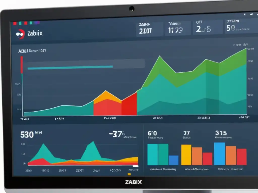 Un monitor muestra el panel de Zabbix con métricas y gráficos de rendimiento, destacando la configuración efectiva de Zabbix IT