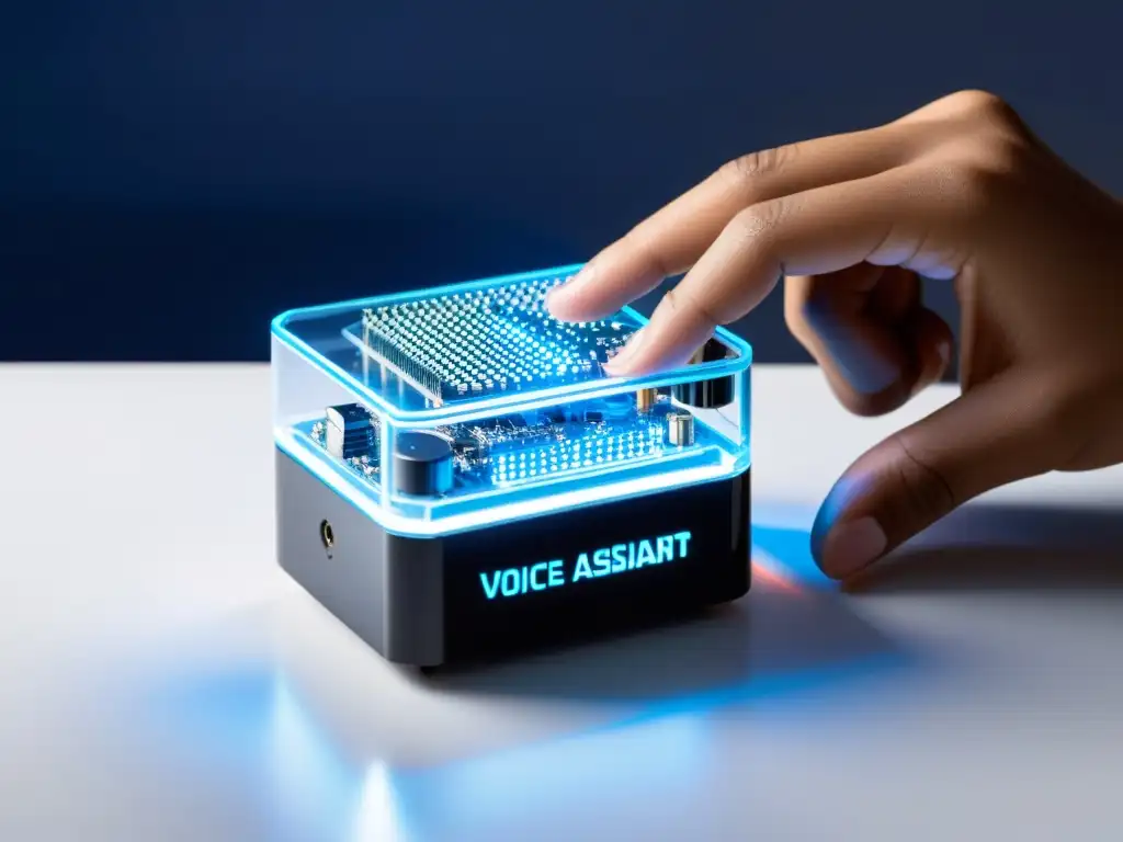 Montaje profesional de un dispositivo de asistente de voz de código abierto en un escritorio blanco brillante, con componentes internos visibles y luces LED azules