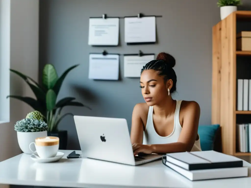 Una mujer concentrada migra su blog de Blogger a WordPress, rodeada de cuadernos, bolígrafos y café, en un espacio luminoso y minimalista