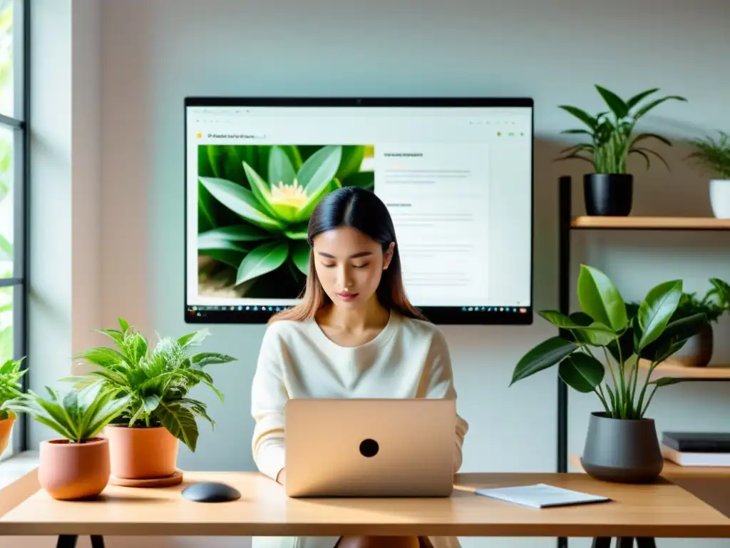 Una mujer creativa usando herramientas ofimáticas libres para escritores en un espacio luminoso y natural, rodeada de plantas