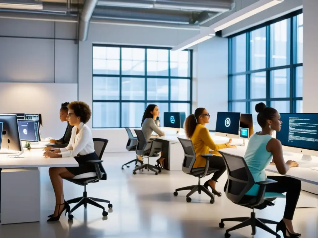 Mujeres en el código abierto colaborando en un espacio moderno y dinámico, lleno de luz natural y tecnología de vanguardia