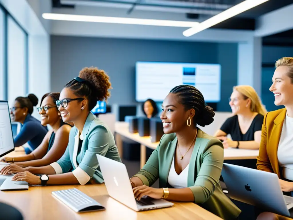 Mujeres en el código abierto colaborando en un moderno espacio de oficina, mostrando liderazgo y empoderamiento en la comunidad de software libre