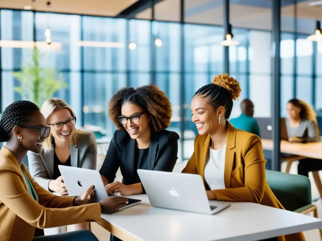 Mujeres en el código abierto colaborando en un moderno espacio de coworking, fomentando la inclusión y la innovación