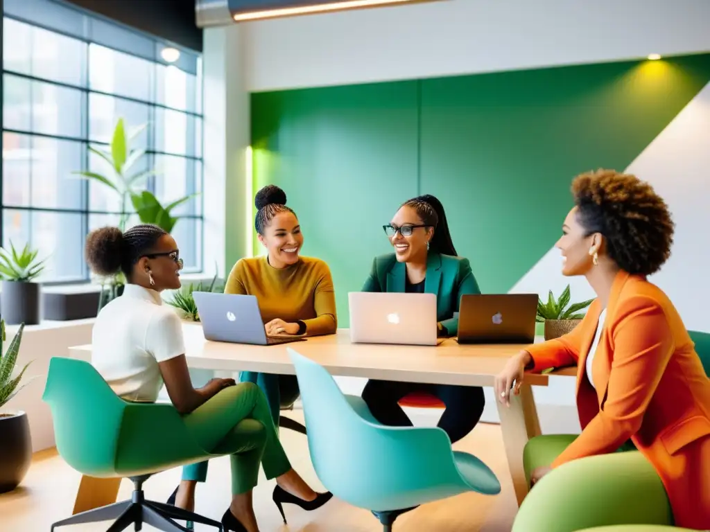 Mujeres en el código abierto colaborando en un moderno espacio de trabajo, compartiendo ideas y empoderándose juntas