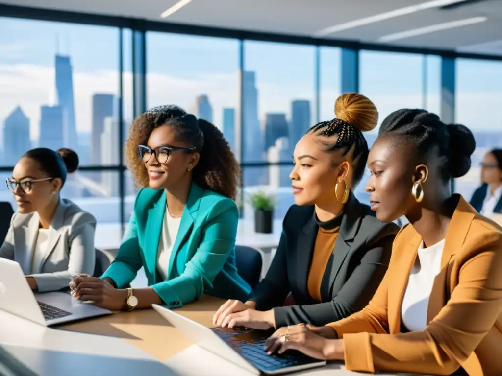 Mujeres en open source colaborando en código, rodeadas de innovación y empoderamiento en una oficina moderna con vista a la ciudad