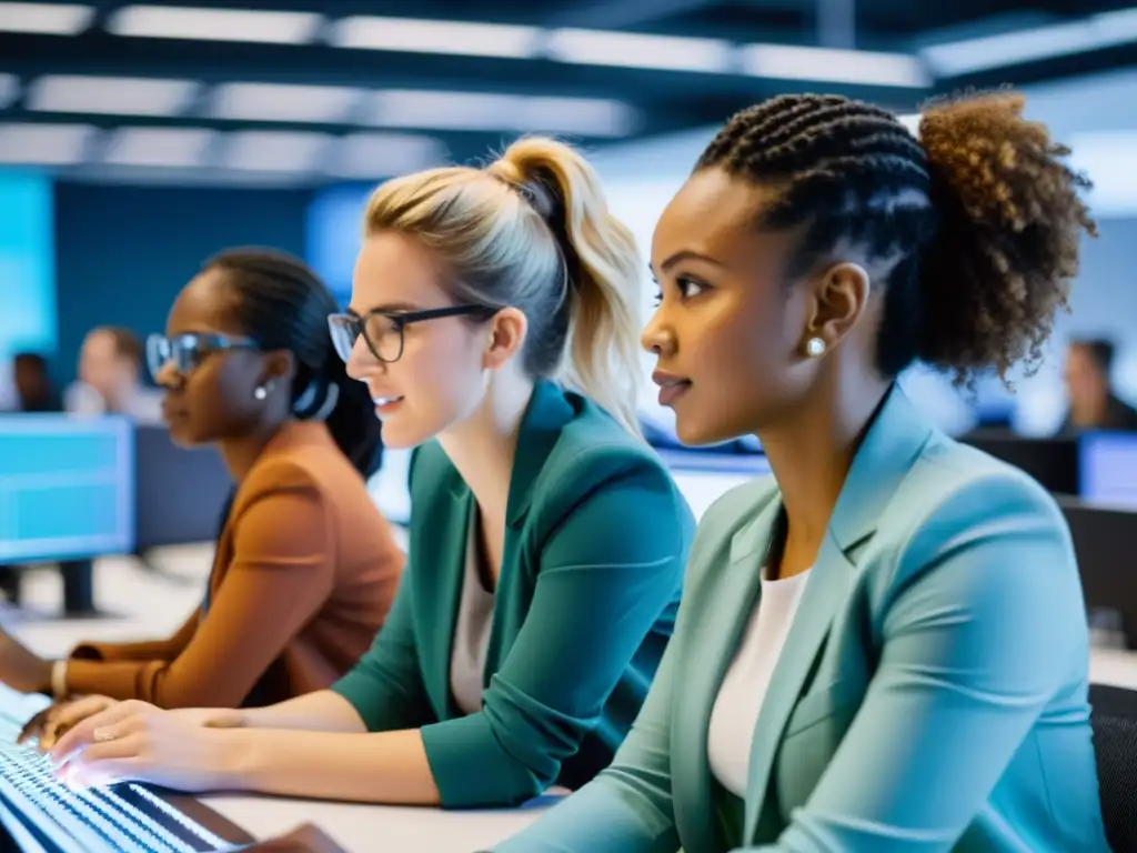 Mujeres en Open Source educación: Equipo diverso de mujeres trabajando en proyectos de programación y desarrollo de software en una oficina moderna y luminosa, mostrando energía y empoderamiento