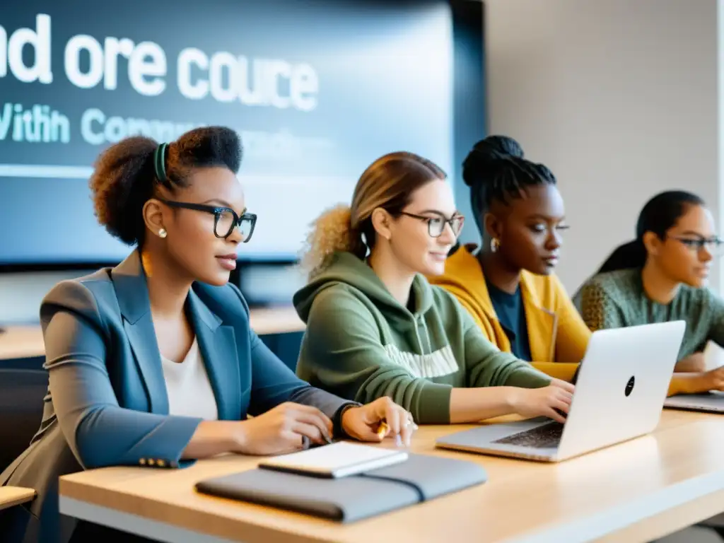 Mujeres en open source colaborando en un espacio moderno y vibrante, mostrando inclusividad, empoderamiento e innovación