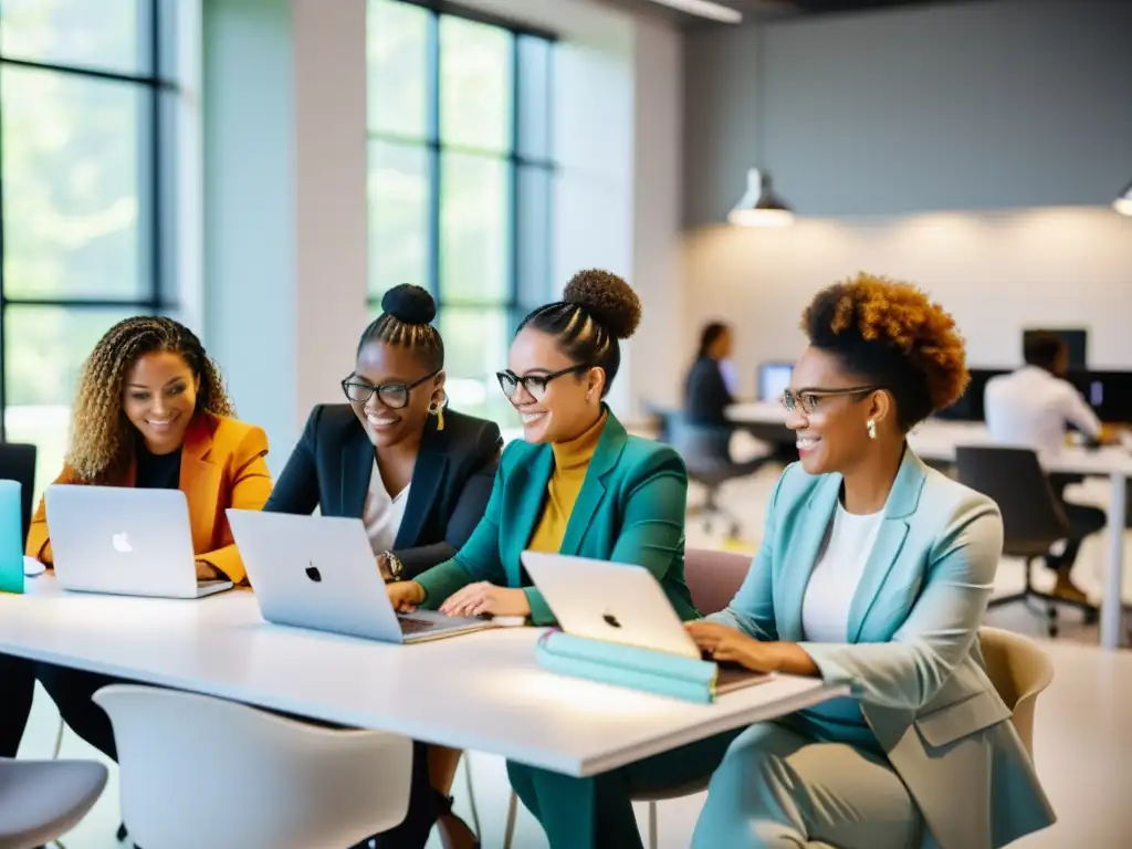 Mujeres colaborando en un espacio de trabajo abierto, enfocadas y creativas, con materiales educativos y software de código abierto