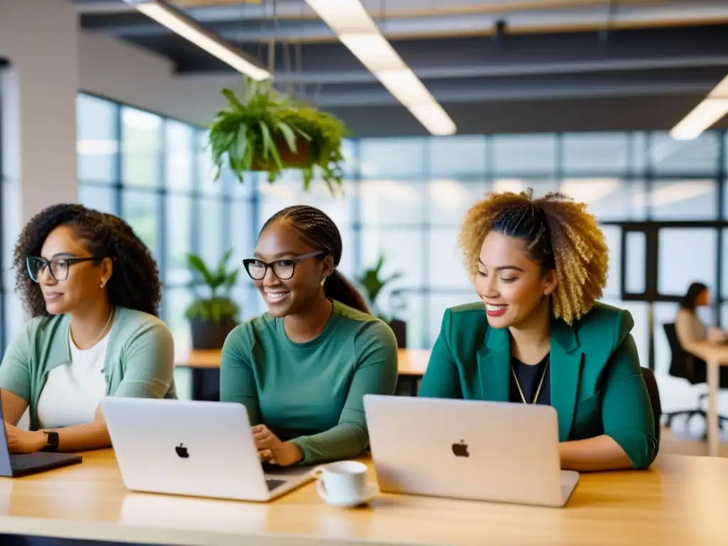 Mujeres en Open Source educación: Ambiente inclusivo en oficina moderna, diversas mujeres colaboran en proyectos de desarrollo y codificación