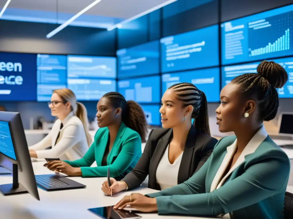 Mujeres en Open Source educación colaborando en un moderno y luminoso espacio de oficina, rodeadas de tecnología futurista y pantallas digitales mostrando líneas de código y visualizaciones de datos, compartiendo ideas y resolviendo problemas con confianza y experiencia