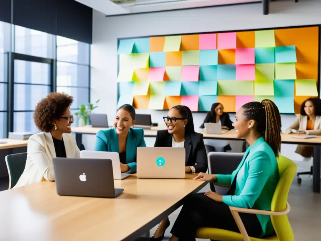 Mujeres en startups tecnológicas colaborando en un espacio innovador y luminoso, discutiendo ideas y trabajando con entusiasmo