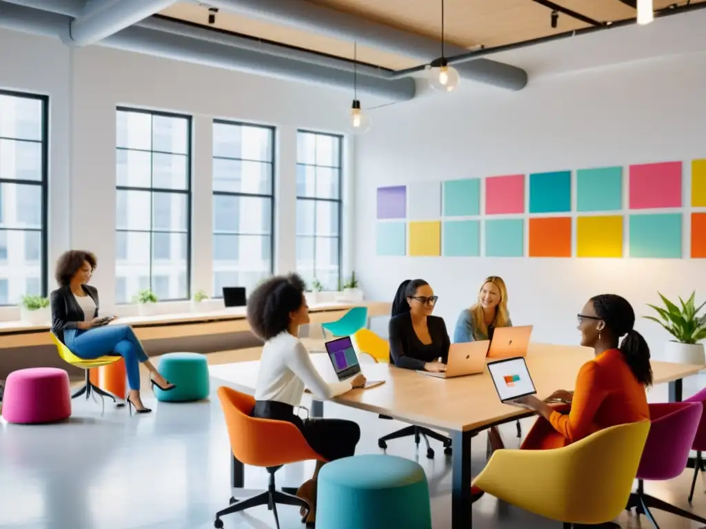 Mujeres en startups tecnológicas colaborando en un espacio de trabajo moderno y vibrante, compartiendo ideas e innovando juntas