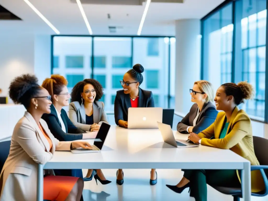 Mujeres en startups tecnológicas colaboran en una moderna oficina, fomentando la innovación y la colaboración profesional