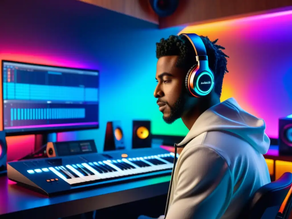 Estudio de música futurista con Ardour: ¡creatividad profesional! Un músico en su estudio casero moderno rodeado de equipos de grabación de alta tecnología, utilizando el software Ardour