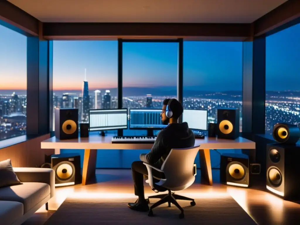 Un músico trabaja en su estudio con equipo de alta tecnología, rodeado de una vista nocturna de la ciudad