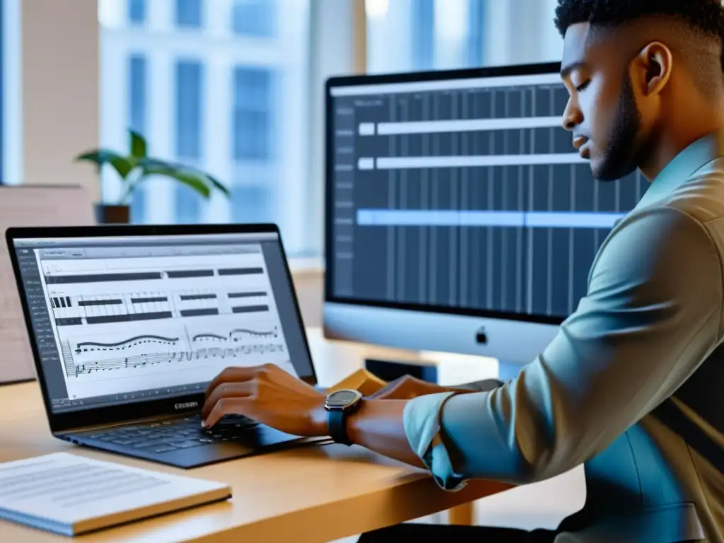 Un músico compone una partitura con MuseScore en su computadora