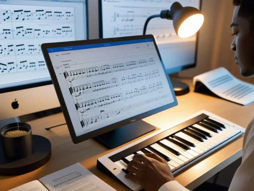 Un músico editando partituras musicales con el software MuseScore en su computadora