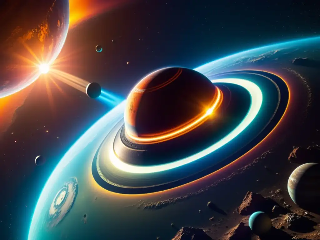 Exploración espacial con tecnología de código abierto Una nave espacial futurista con patrones de código abierto orbita un planeta colorido