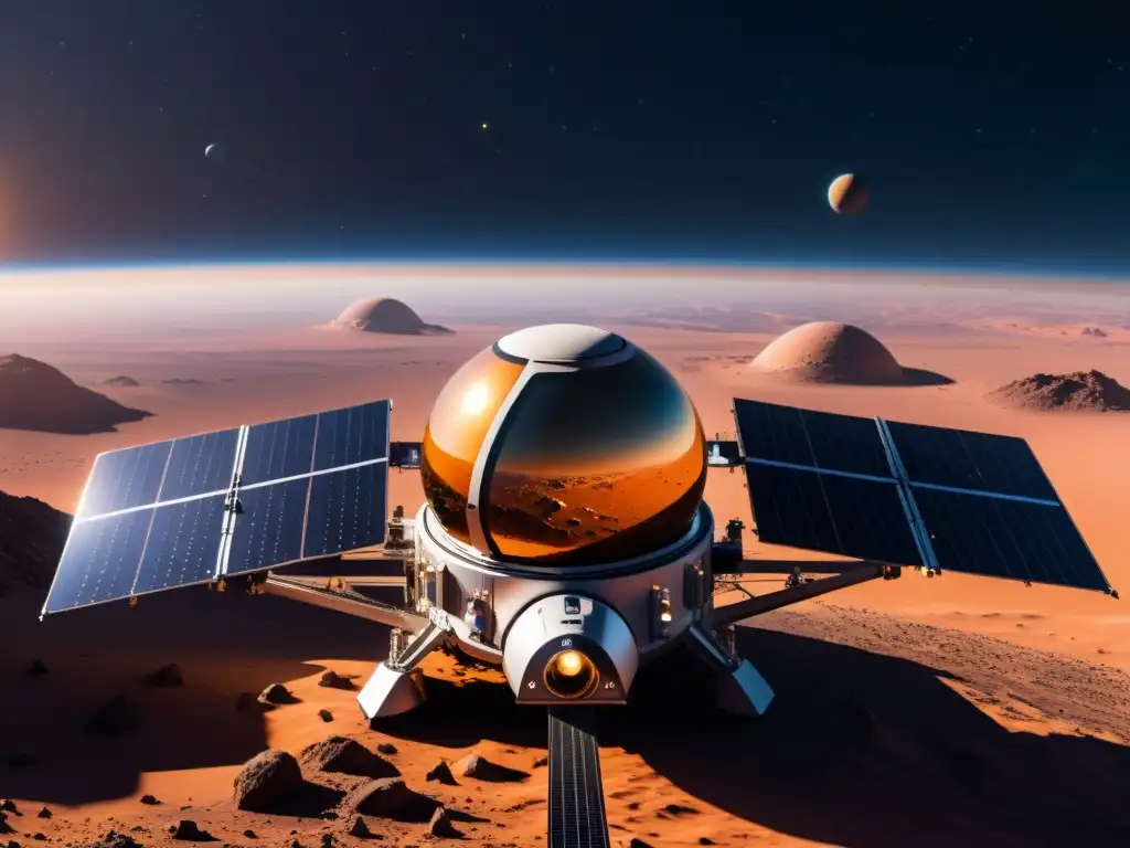 Nave espacial futurista con software de código abierto en órbita Una nave espacial futurista orbita un planeta distante, con paneles solares y antenas de comunicación