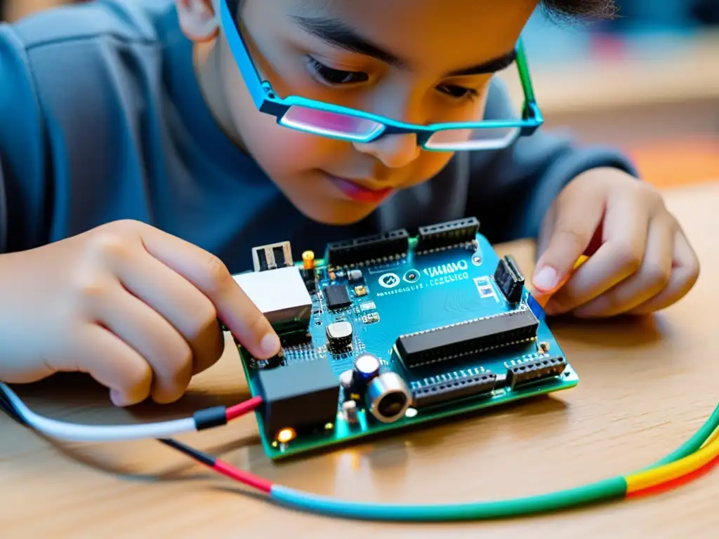 Niño concentrado conectando cables a una placa Arduino en un moderno banco de trabajo